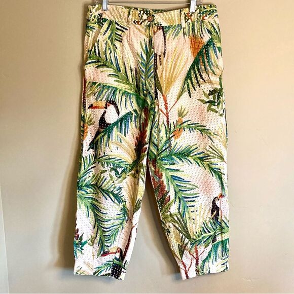 NEW FARM Rio Toucan Paradise Eyelet Pants Tropical Toucan Bird Yellow Size L - Picture 6 of 16